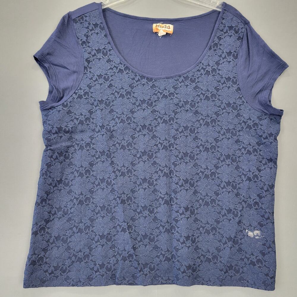 Mudd Navy Blue Shirt Sheer Glitter Lace Stretch Tee Scoop Neck Top Women Size XL